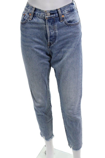 Levis Women Cropped Mom Jeans Blue Mid Rise Button 28 Inseam Size 26