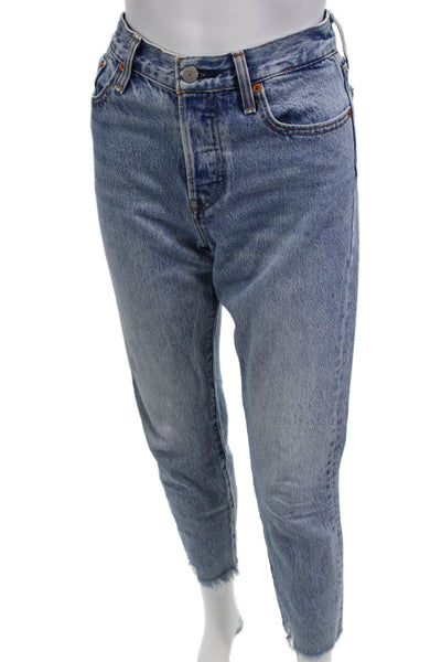 Levis Women Cropped Mom Jeans Blue Mid Rise Button 28 Inseam Size 26
