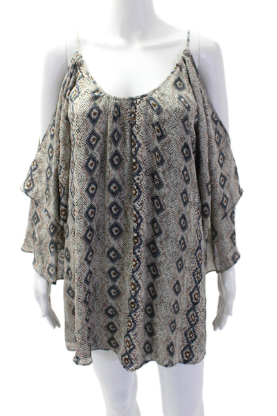 Parker Women Beige Silk Tunic Aztec Geometric Round Neck Size S