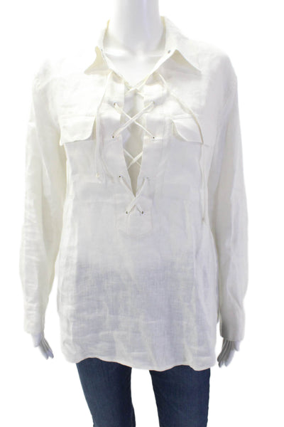 Equipment Femme Women Tunic Blouse White Linen Collared Long Sleeve Boho Size S