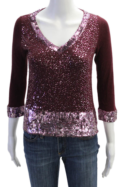 Les Copains Women Purple V-Neck 3/4 Sleeve Silk Wool Sweater 80s Size 42