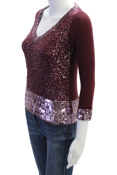 Les Copains Women Purple V-Neck 3/4 Sleeve Silk Wool Sweater 80s Size 42