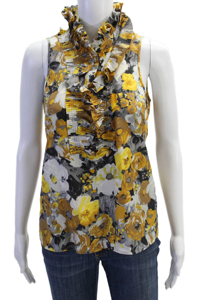 J Crew Women Black Silk Floral High Neck Sleeveless Blouse Size 2