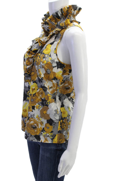 J Crew Women Black Silk Floral High Neck Sleeveless Blouse Size 2