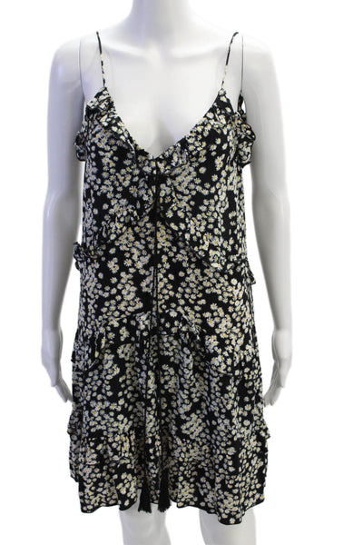 Zara Women Black Floral V-Neck Slip Dress Viscose Drawstring Size XS