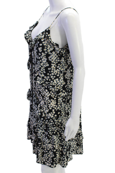 Zara Women Black Floral V-Neck Slip Dress Viscose Drawstring Size XS