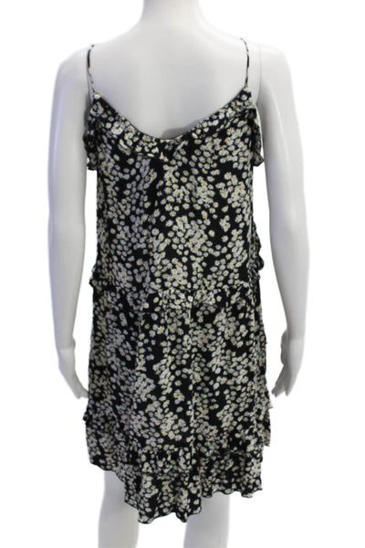 Zara Women Black Floral V-Neck Slip Dress Viscose Drawstring Size XS