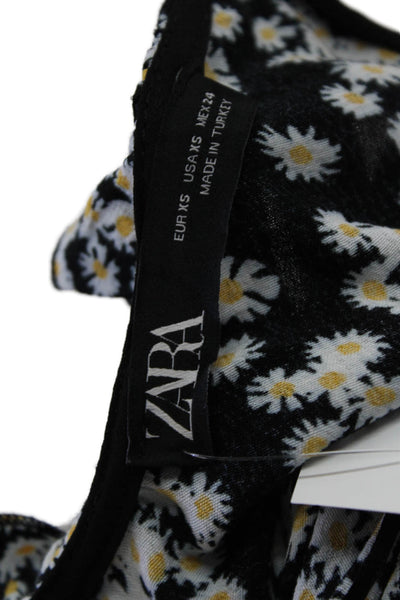 Zara Women Black Floral V-Neck Slip Dress Viscose Drawstring Size XS