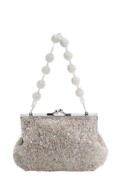Fellini Carlo Fellini Womens One Handle Kiss Lock Beaded Evening Handbag Silver