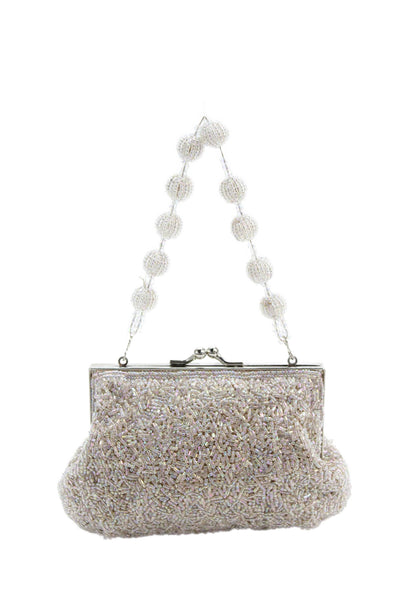 Fellini Carlo Fellini Womens One Handle Kiss Lock Beaded Evening Handbag Silver