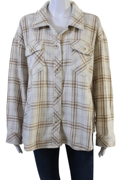 Le Lis Women Jacket Plaid Collared Button Long Sleeve Beige Polyester Size M
