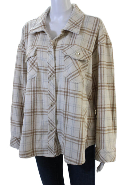 Le Lis Women Jacket Plaid Collared Button Long Sleeve Beige Polyester Size M