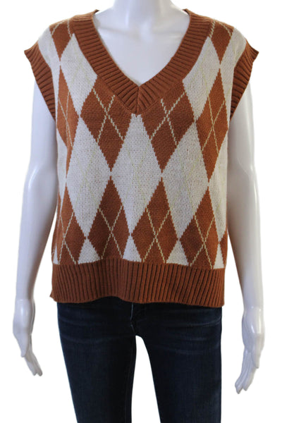 Sage The Label Unisex Argyle V-Neck Sweater Vest Brown 100% Acrylic Size XS