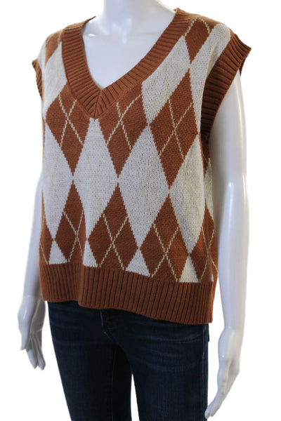 Sage The Label Unisex Argyle V-Neck Sweater Vest Brown 100% Acrylic Size XS