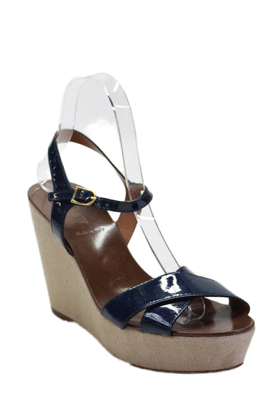 J Crew Womens Wedge Heel Platform Ankle Strap Sandals Navy Patent Leather Size 8