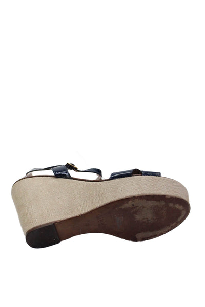 J Crew Womens Wedge Heel Platform Ankle Strap Sandals Navy Patent Leather Size 8