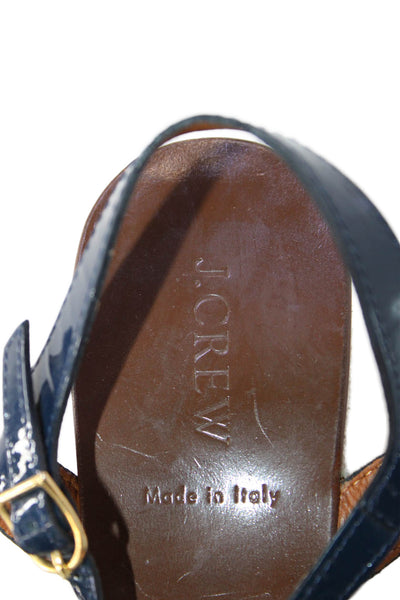 J Crew Womens Wedge Heel Platform Ankle Strap Sandals Navy Patent Leather Size 8