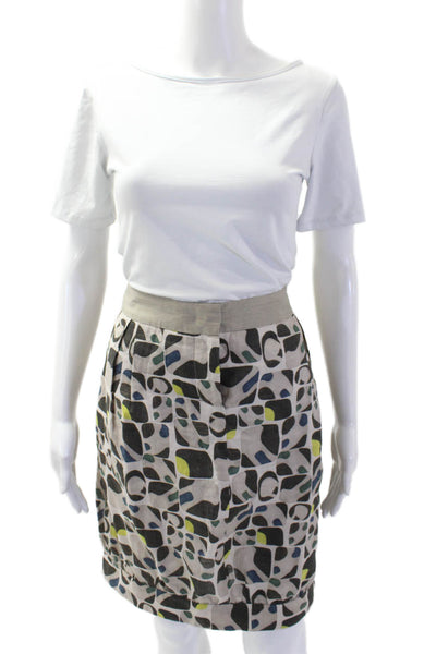 S Max Mara Women A-Line Pleated Skirt Beige Geometric 100% Ramie Mini Size 8