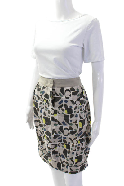 S Max Mara Women A-Line Pleated Skirt Beige Geometric 100% Ramie Mini Size 8