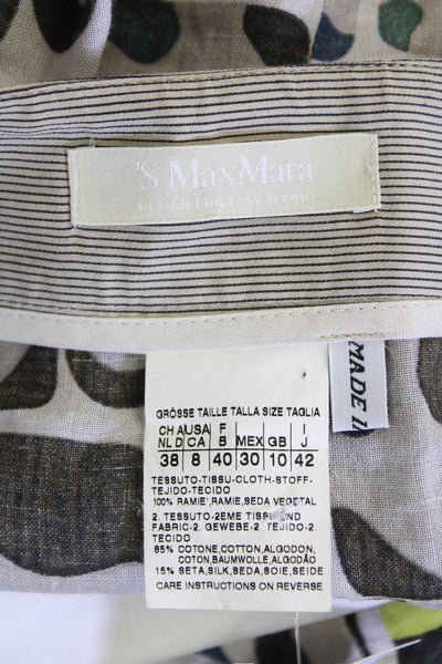 S Max Mara Women A-Line Pleated Skirt Beige Geometric 100% Ramie Mini Size 8