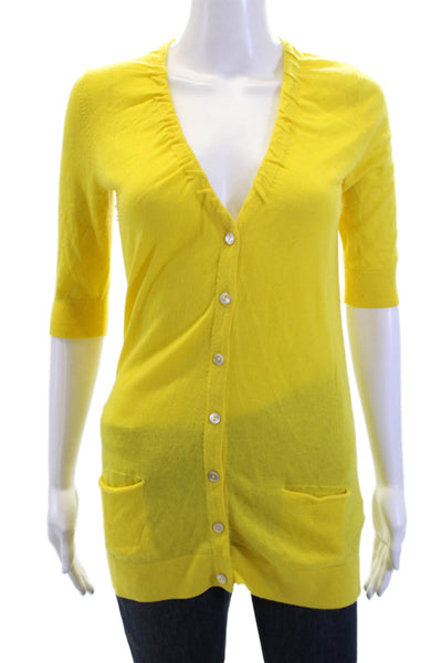 Vince Women Cardigan Yellow 100% Cashmere V-Neck Button 3/4 Sleeve Size XS