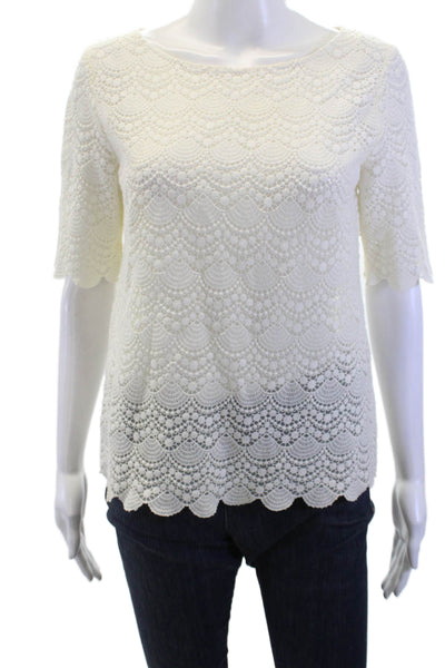 Club Monaco Women White Nylon Short Sleeve Neck Bohemian Zip Blouse Size M