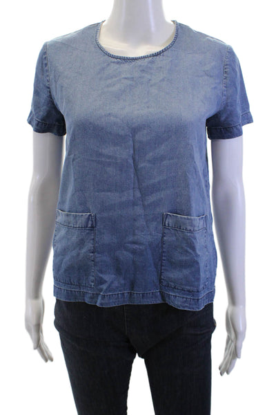 Club Monaco Women Blue Petite Lyocell Crew Short Sleeve Blouse Size S