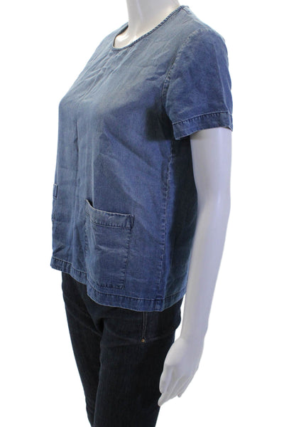 Club Monaco Women Blue Petite Lyocell Crew Short Sleeve Blouse Size S