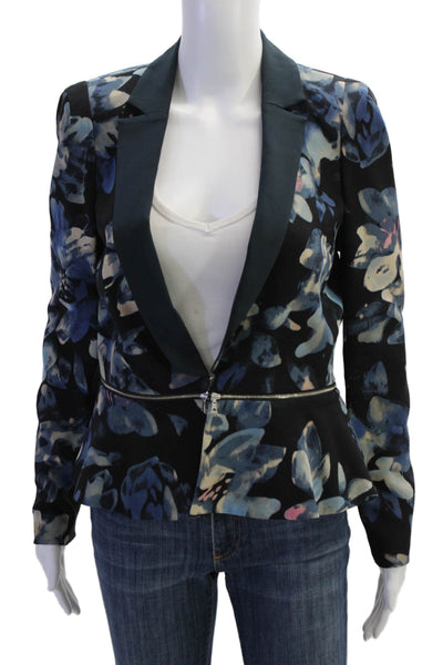Rebecca Taylor Women Black Silk Floral V-Neck Blazer Long Sleeve Zip Size 6