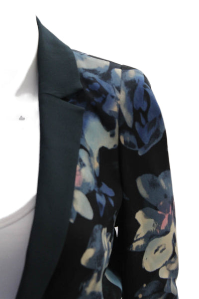 Rebecca Taylor Women Black Silk Floral V-Neck Blazer Long Sleeve Zip Size 6