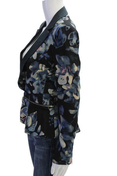 Rebecca Taylor Women Black Silk Floral V-Neck Blazer Long Sleeve Zip Size 6