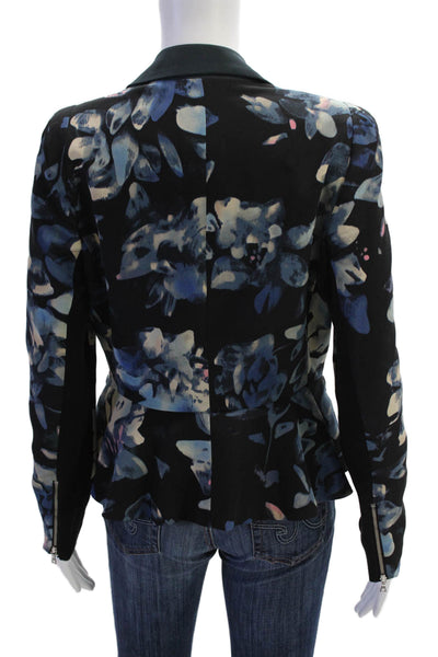 Rebecca Taylor Women Black Silk Floral V-Neck Blazer Long Sleeve Zip Size 6