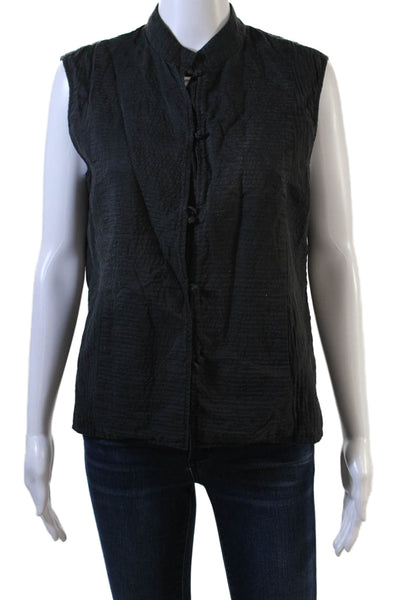 Eileen Fisher Women High Neck Black Silk Button Vest Sleeveless Size M