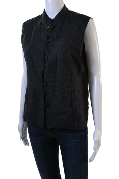 Eileen Fisher Women High Neck Black Silk Button Vest Sleeveless Size M