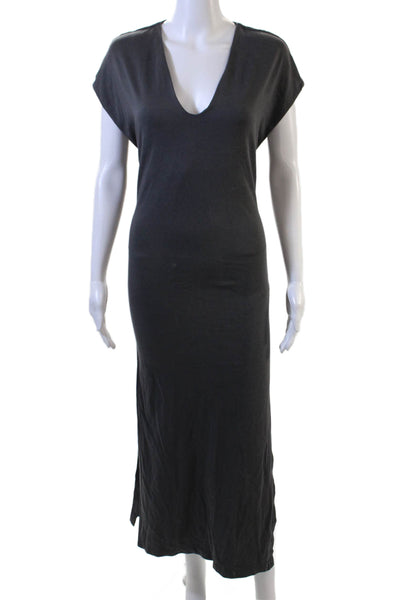 Zara Women Maxi T-Shirt Dress Black V-Neck Cotton Short Sleeve Size S