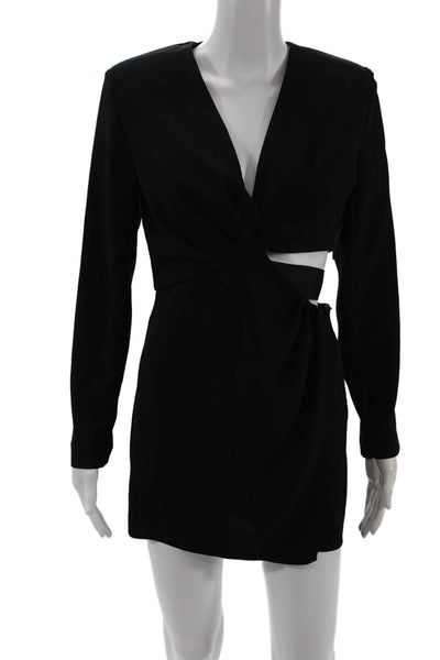 Zara Women Bodycon Mini Dress Black V-Neck Long Sleeve Zip Size S