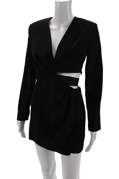 Zara Women Bodycon Mini Dress Black V-Neck Long Sleeve Zip Size S