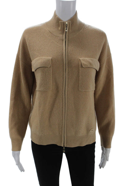 Designer Unisex Beige Wool Mock Neck Full Zip Sweater Size M