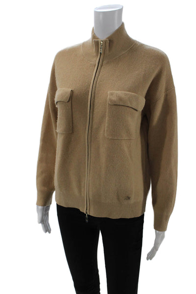 Designer Unisex Beige Wool Mock Neck Full Zip Sweater Size M