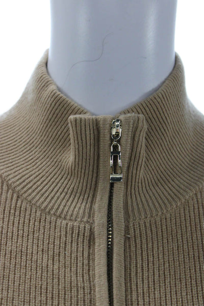 Designer Unisex Beige Wool Mock Neck Full Zip Sweater Size M
