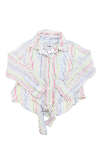 Rails Girls Linen Striped Long Sleeve Collar Button Down Shirt Multicolor Size 4