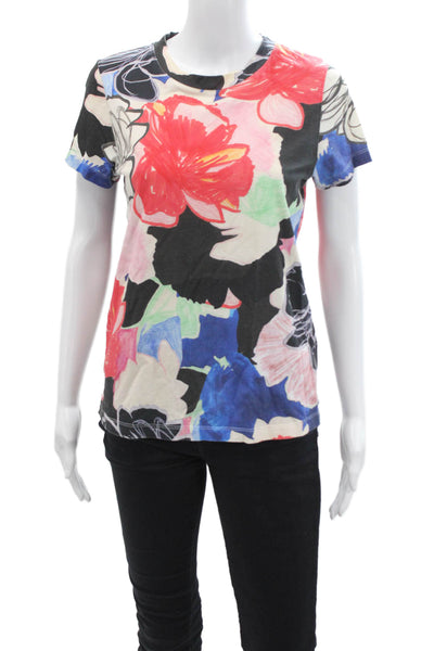 Paule Ka Womens Black Floral Jersey T-Shirt Crew Neck Short Sleeve Size M