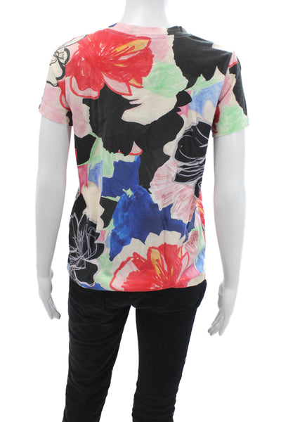 Paule Ka Womens Black Floral Jersey T-Shirt Crew Neck Short Sleeve Size M