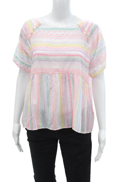 Anthropologie Women Pink Cotton Striped Square Neck Short Sleeve Blouse Size XS
