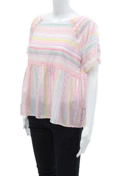 Anthropologie Women Pink Cotton Striped Square Neck Short Sleeve Blouse Size XS