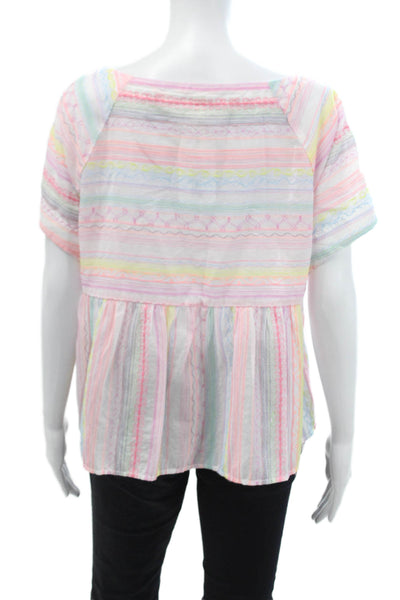 Anthropologie Women Pink Cotton Striped Square Neck Short Sleeve Blouse Size XS