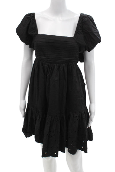 En Saison Women Black Fit & Flare Dress Square Neck Short Sleeve Cotton Size XS