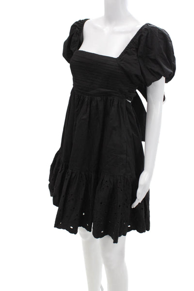 En Saison Women Black Fit & Flare Dress Square Neck Short Sleeve Cotton Size XS
