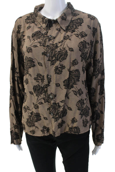 CP Shades Womens Floral Collared Rayon Button-Up Blouse Brown Size S
