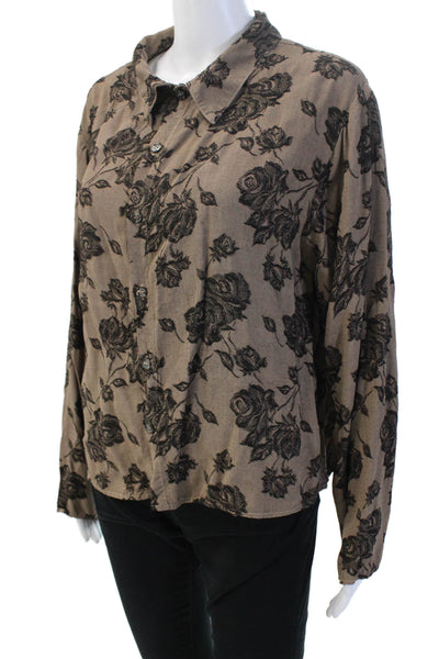 CP Shades Womens Floral Collared Rayon Button-Up Blouse Brown Size S